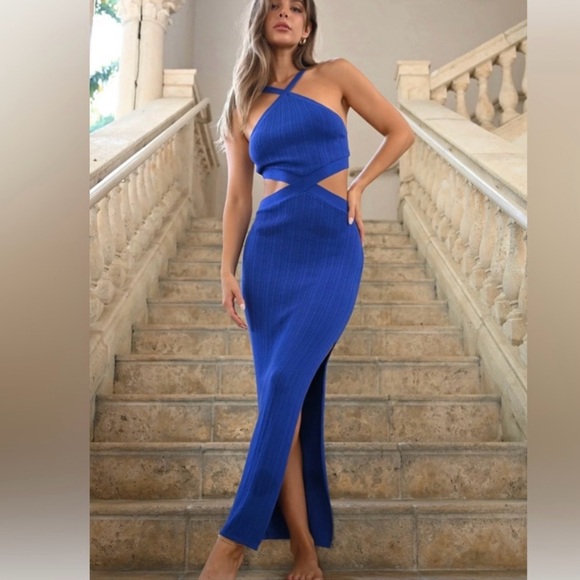 Blue Halter Cut-Out Maxi Dress with Slit - Picture 1 of 4